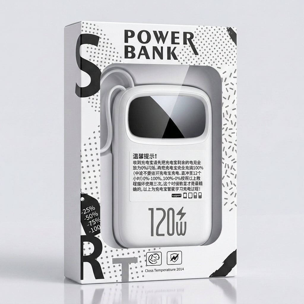 A white and black retail box for a portable power bank, shown on a clean light gray background. The front of the package features a clear window displaying a white power bank with a small black display screen and the text '120W' printed on it.