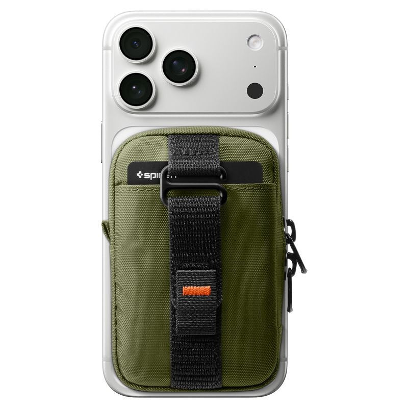 An olive green phone case with a front utility pocket, black webbing strap, and a small orange logo accent, shown on a white smartphone against a solid white background.