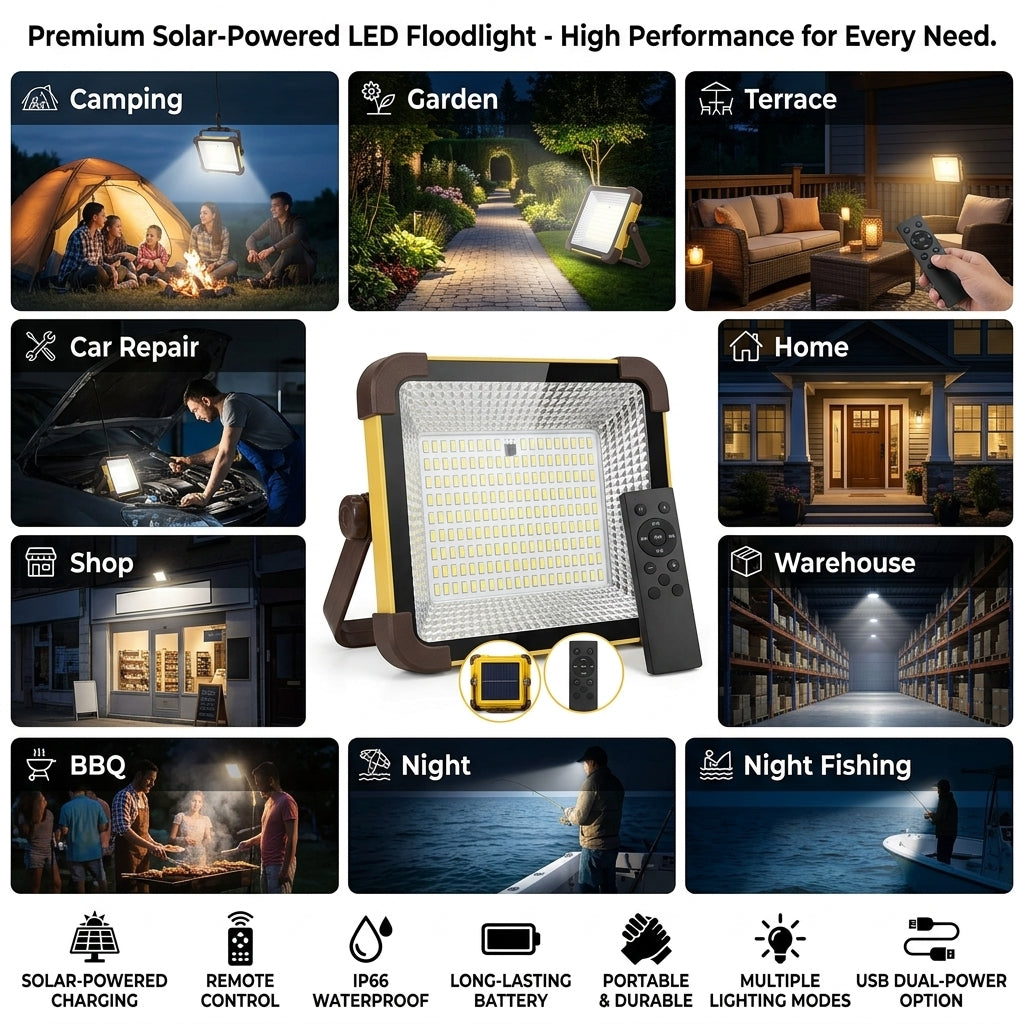 A solar-powered LED floodlight shown in the center of a feature collage with multiple usage examples including camping, garden, terrace, car repair, home, shop, warehouse, BBQ, night, and night fishing. Text at the top reads 'Premium Solar-Powered LED Floodlight - High Performance for Every Need.