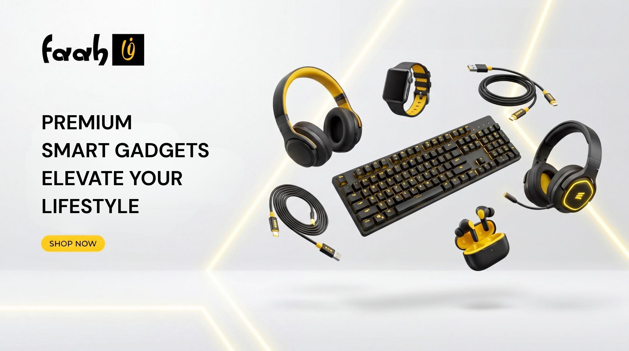 Collection of smart gadgets including headphones, keyboard, and watch on a white background with Faah branding.1621243260e1af0c20-1