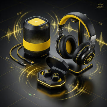 Audio devices square collection image with speakers and earbuds