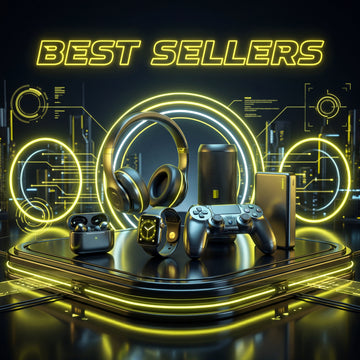 Gaming accessories including headphones, controller, and earbuds on a reflective surface with 'BEST SELLERS' text.