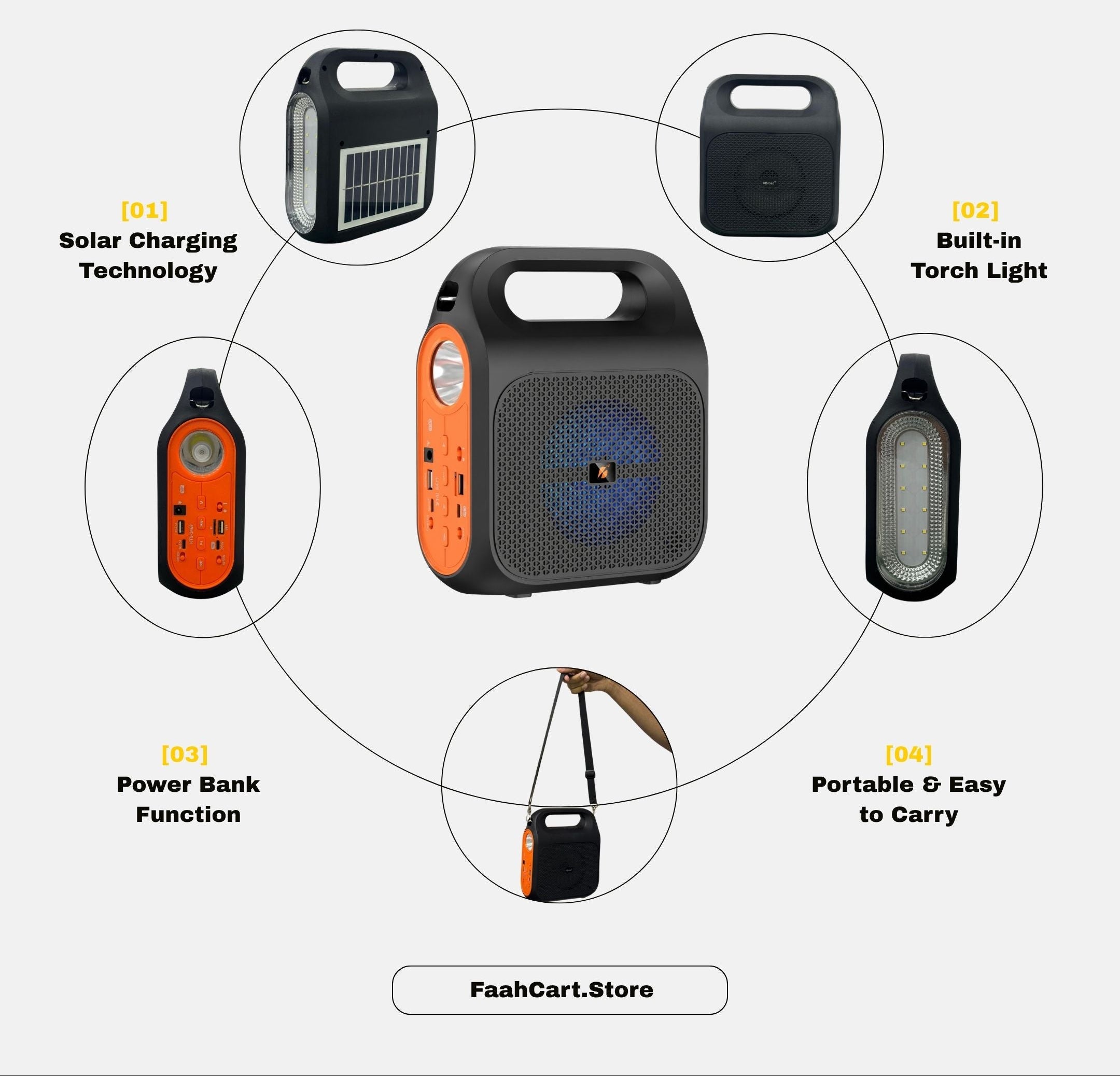 Power bank solar Bluetooth speaker with features on a white background
