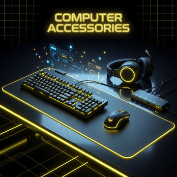 Gaming keyboard, mouse, and headset on a desk with neon lights and 'Computer Accessories' text.