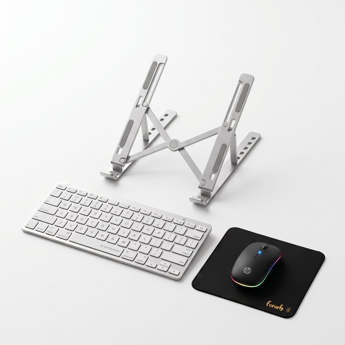 HP W10 Wireless RGB Mouse + X5 Bluetooth Keyboard + Adjustable Laptop Stand Combo with FREE Faah Mouse Pad