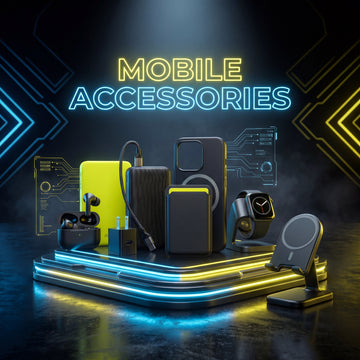Collection of mobile accessories on a dark background with neon text.