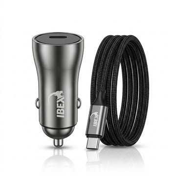 IBEX Dual USB Car Charger with Braided USB-C Cable – Fast Charging Car Adapter