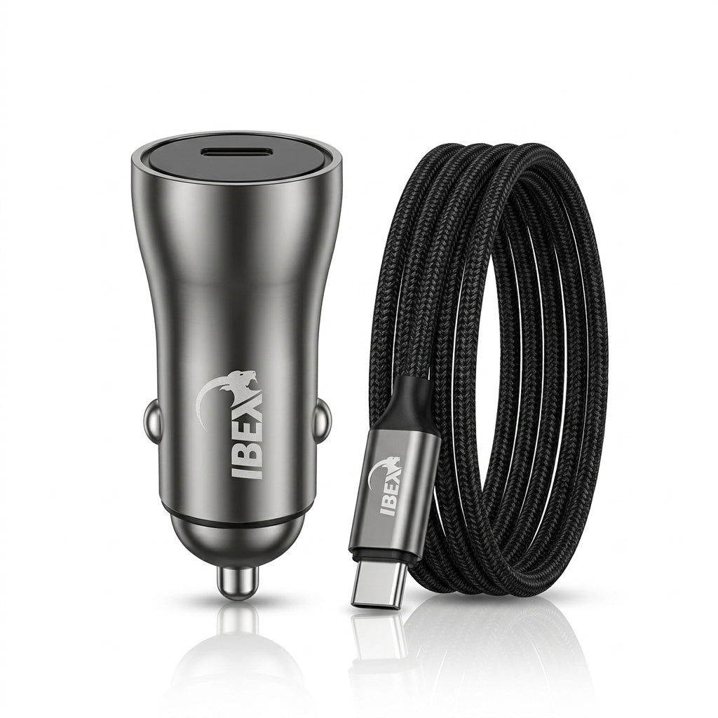 IBEX Dual USB Car Charger with Braided USB-C Cable – Fast Charging Car Adapter