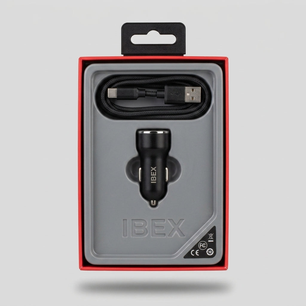 IBEX Dual USB Car Charger with Braided USB-C Cable – Fast Charging Car Adapter
