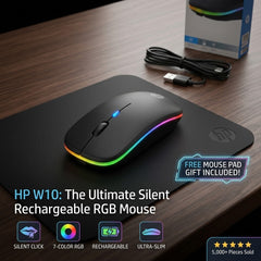 HP W10 Wireless Rechargeable RGB Gaming Mouse+Free Mouse Pad Gift