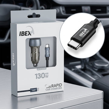 IBEX 130W Rapid Car Charger with Braided USB-C Cable – Fast Charging Car Adapter (Model IBEX-C2)