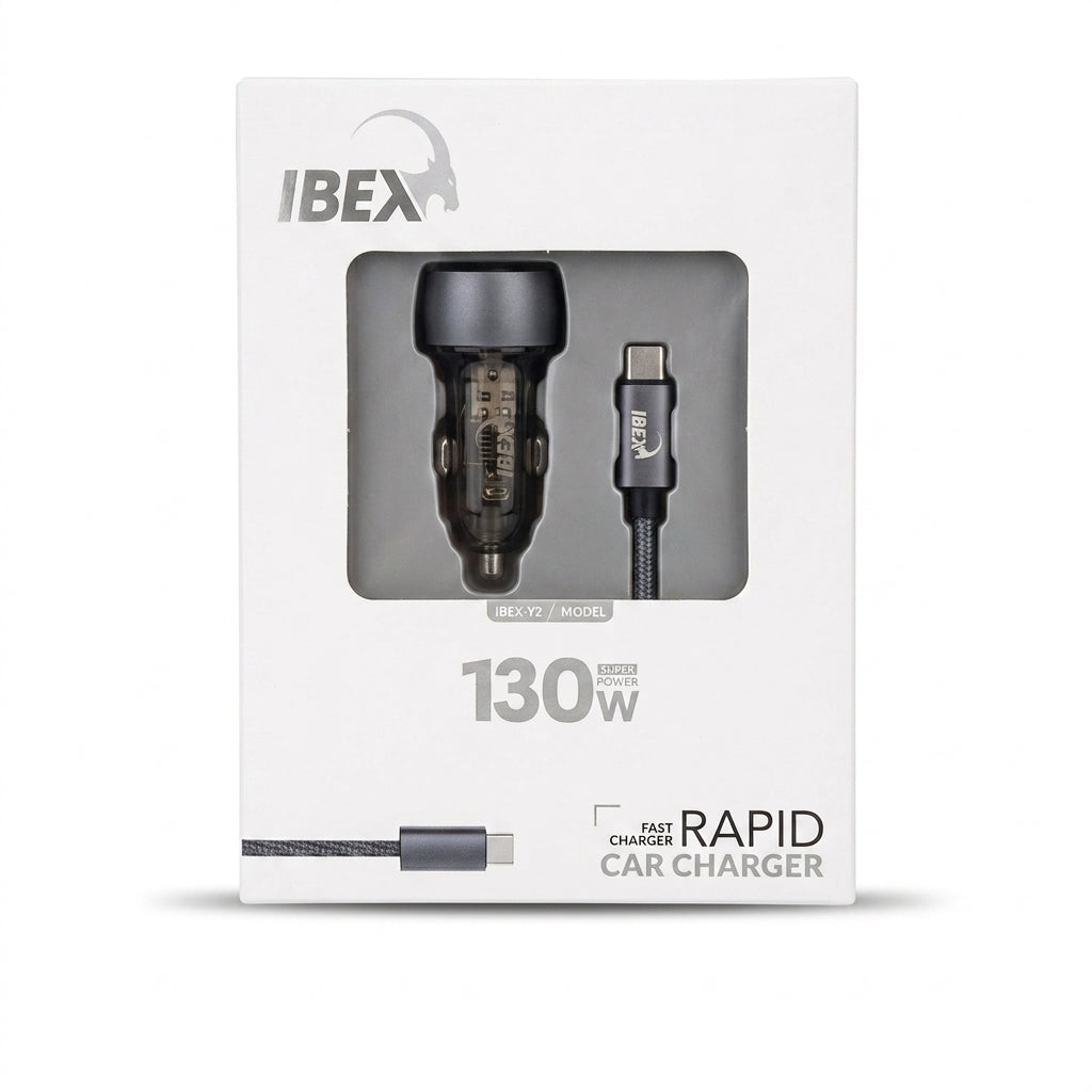 IBEX 130W Rapid Car Charger with Braided USB-C Cable – Fast Charging Car Adapter (Model IBEX-C2)
