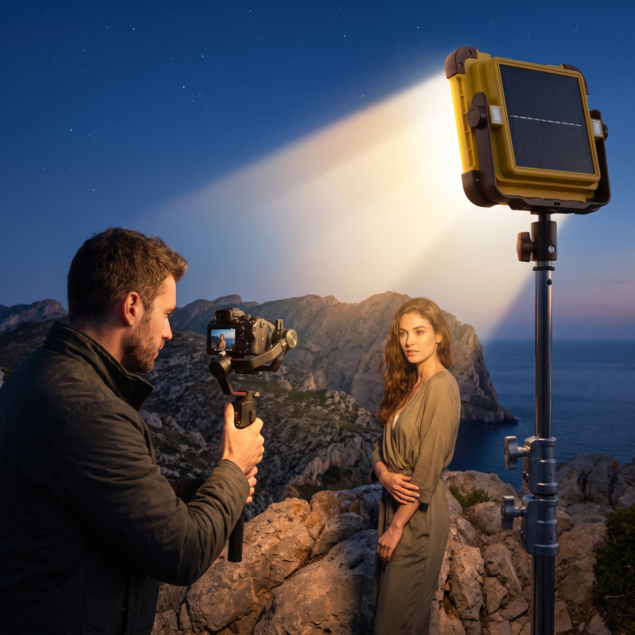 A man films a woman outdoors on a rocky cliffside at dusk using a handheld camera, with a large yellow solar-powered light stand casting a bright beam of light toward the pair. The scene is set against a deep blue sky and ocean background.