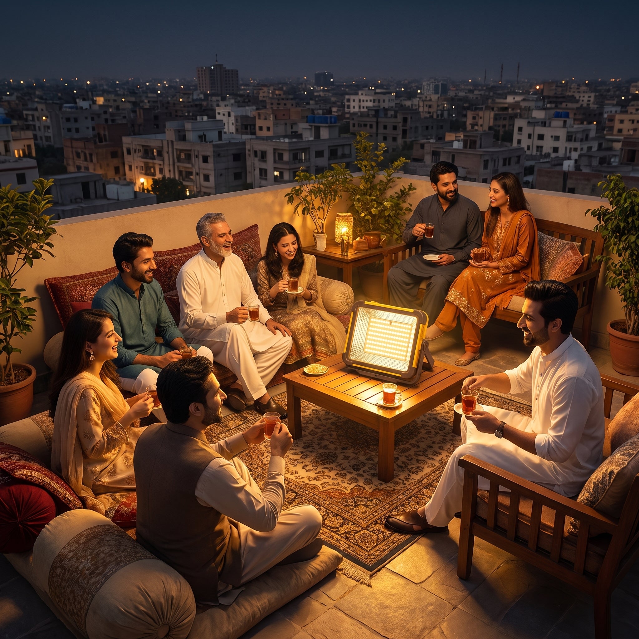 A group of seven people gathered in a warm, cozy setting on a rooftop terrace at night, engaging in conversation around a wooden coffee table with a glowing laptop. The scene is illuminated by warm ambient lights from lamps and the laptop, with a city skyline visible in the background.