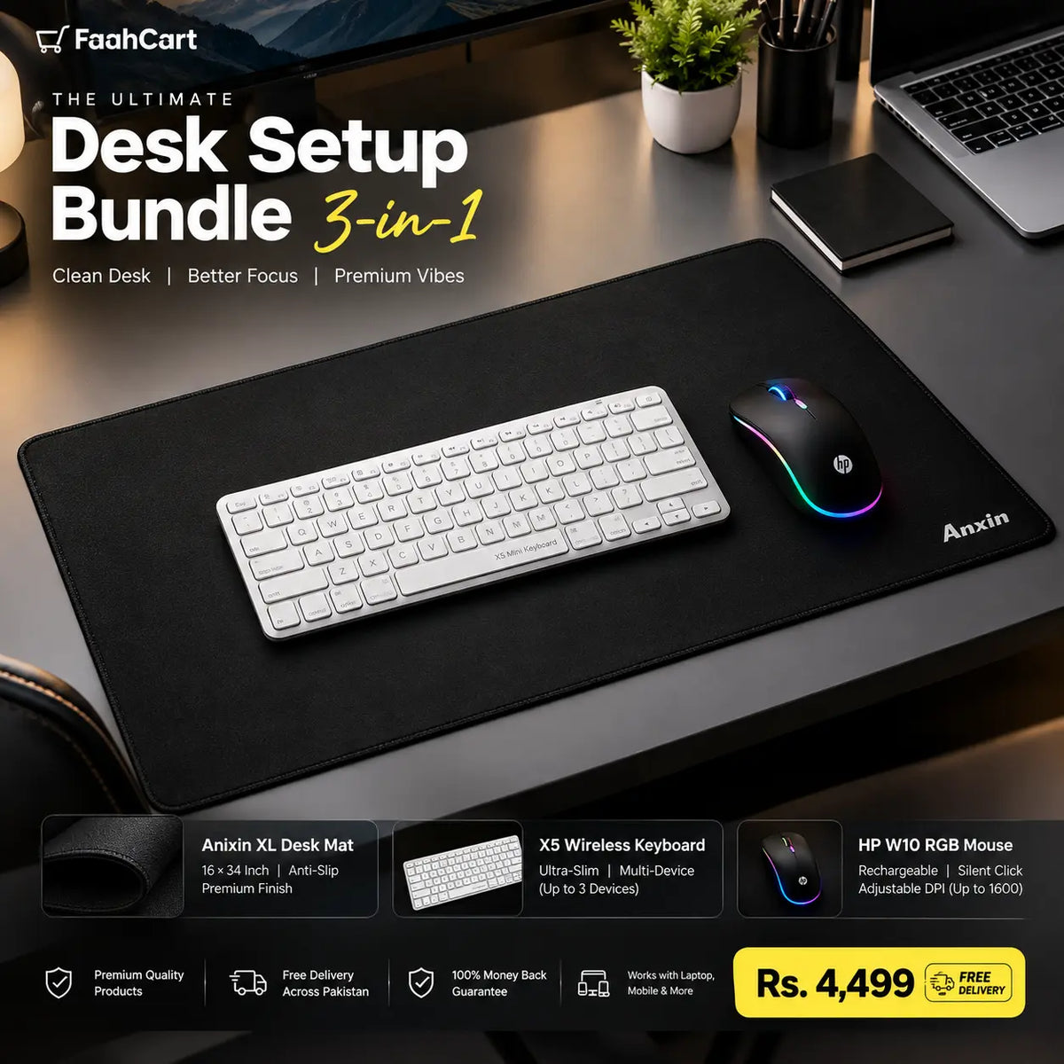 Premium Wireless Desk Bundle: Bluetooth Keyboard + Rechargeable RGB Mouse + Extra-Large Suede Mat