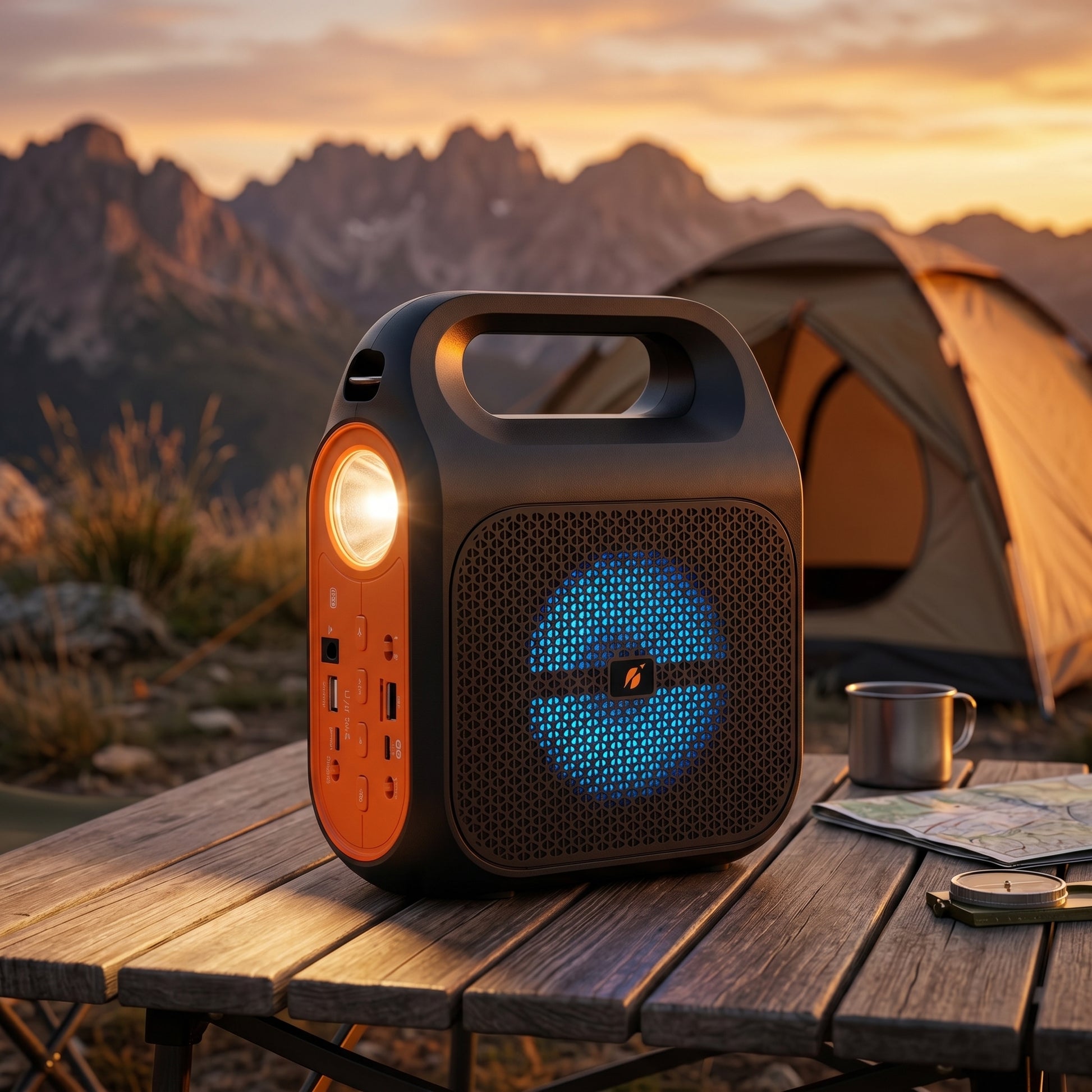portable outdoor speaker with solar panel and torch light