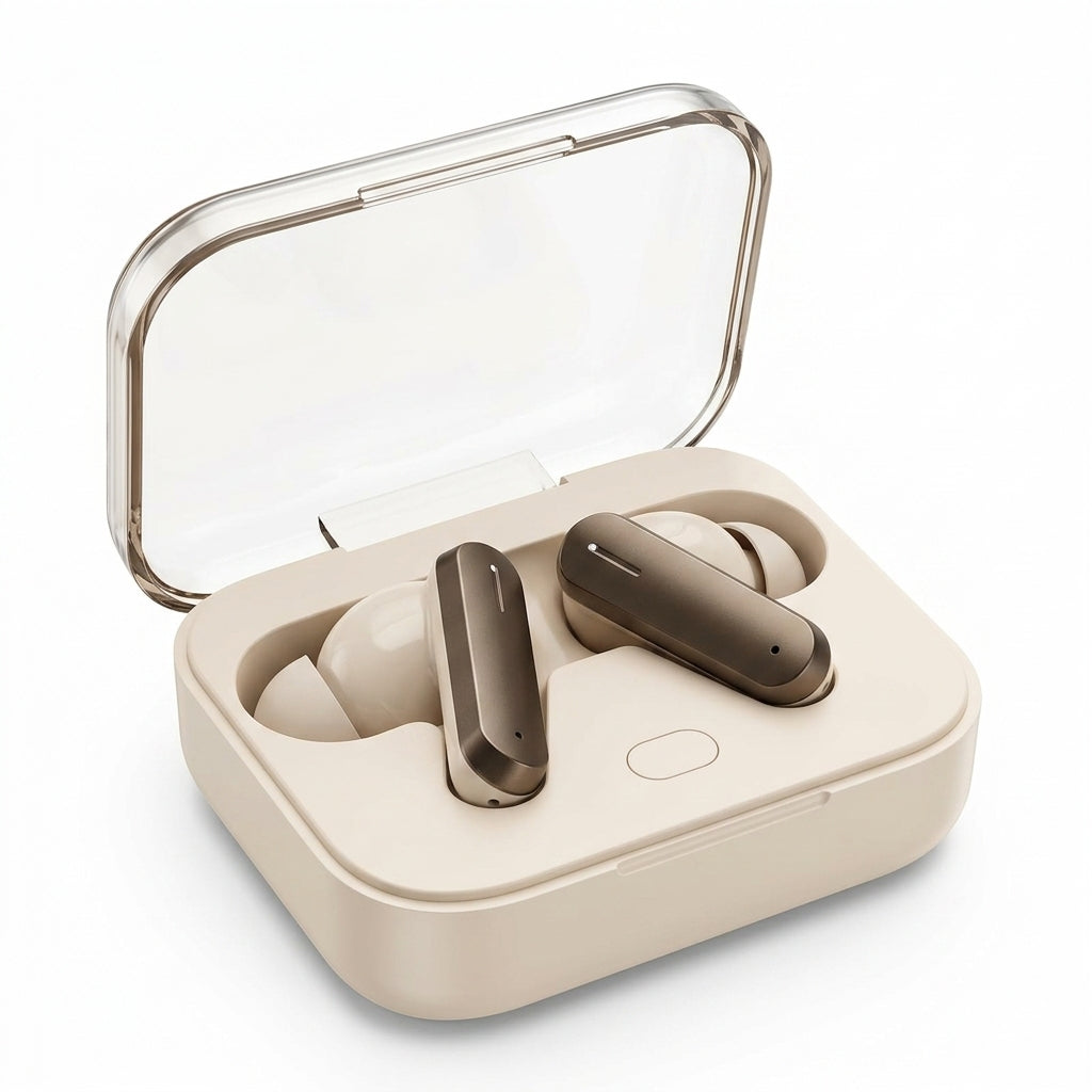 Cream Wireless Earbuds – TWS Bluetooth Earphones with Transparent Charging Case
